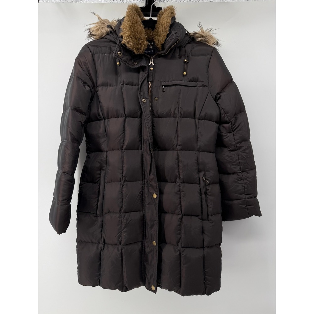 Lands' End Womens XS Down Puffer Parka Faux Fur Hooded Quilted Coat